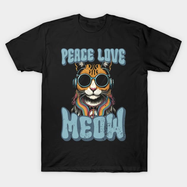 Peace Love Meow, Retro Groovy Style Hippie Cat Lover Design T-Shirt by PugSwagClothing